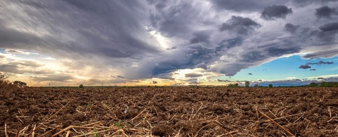 Wide landscape view of exposed soil field with rough earth and dramatic clouds, representing natural ground conditions before construction.